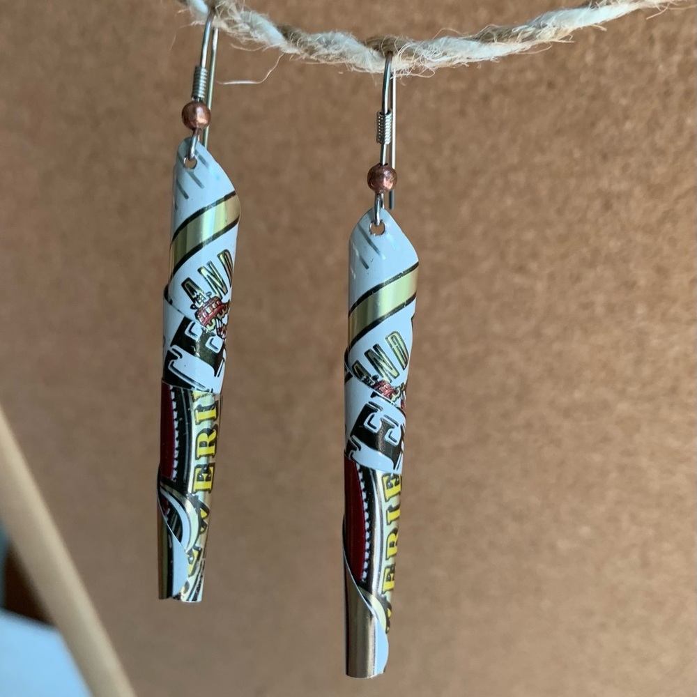 Handcrafted White and Gold Metal Roll Dangle Earrings